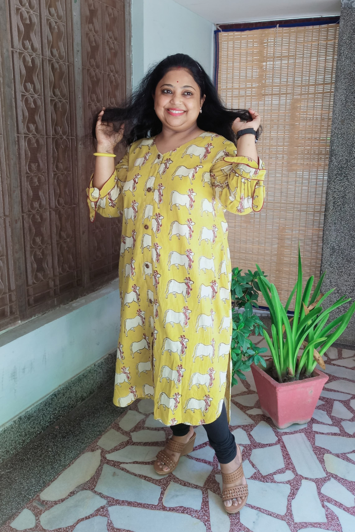 Yellow Pure Cotton HandBlock Cow Print