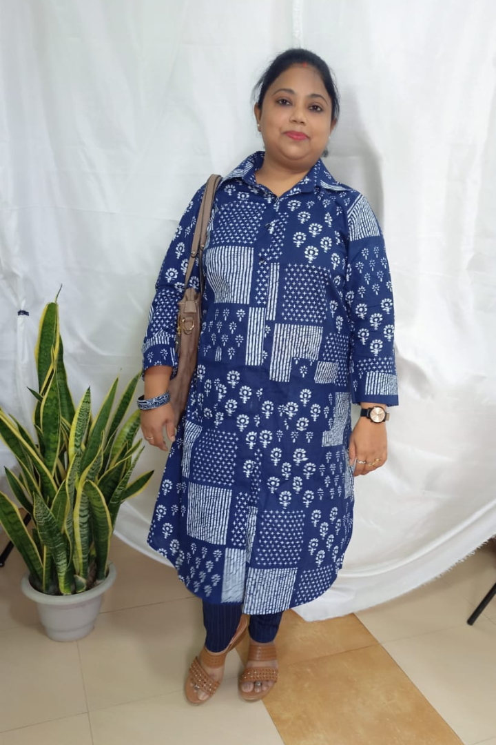 Navy blue white printed shirt collar Short Kurti
