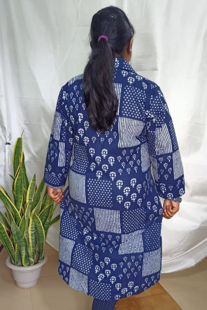 Navy blue white printed shirt collar Short Kurti