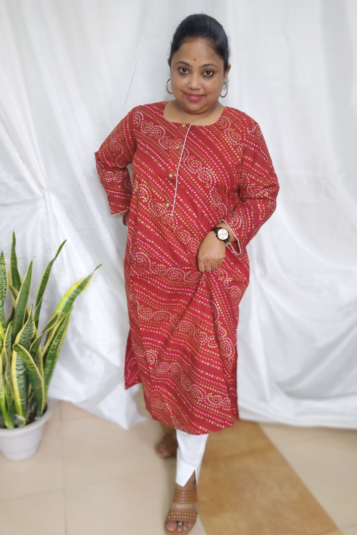 Mehroon Bandhani Foil Print cotton kurta