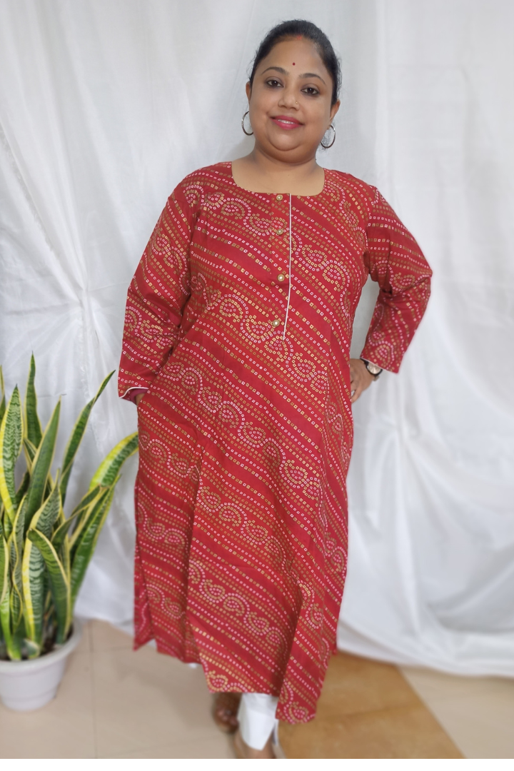 Mehroon Bandhani Foil Print cotton kurta