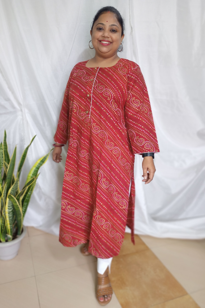 Mehroon Bandhani Foil Print cotton kurta