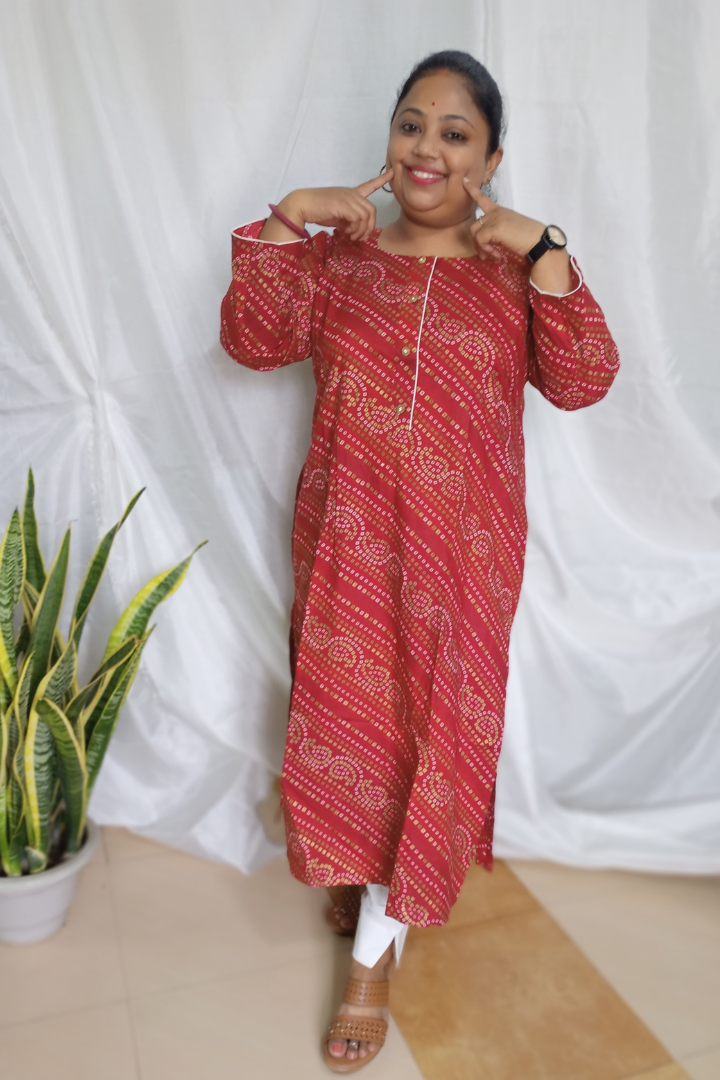 Mehroon Bandhani Foil Print cotton kurta