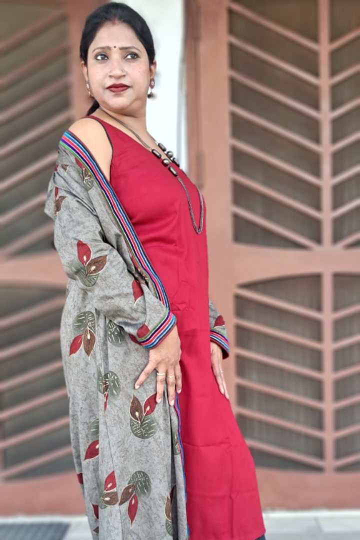 Mehroon cotton-Kurta and dark olive shrug Combo