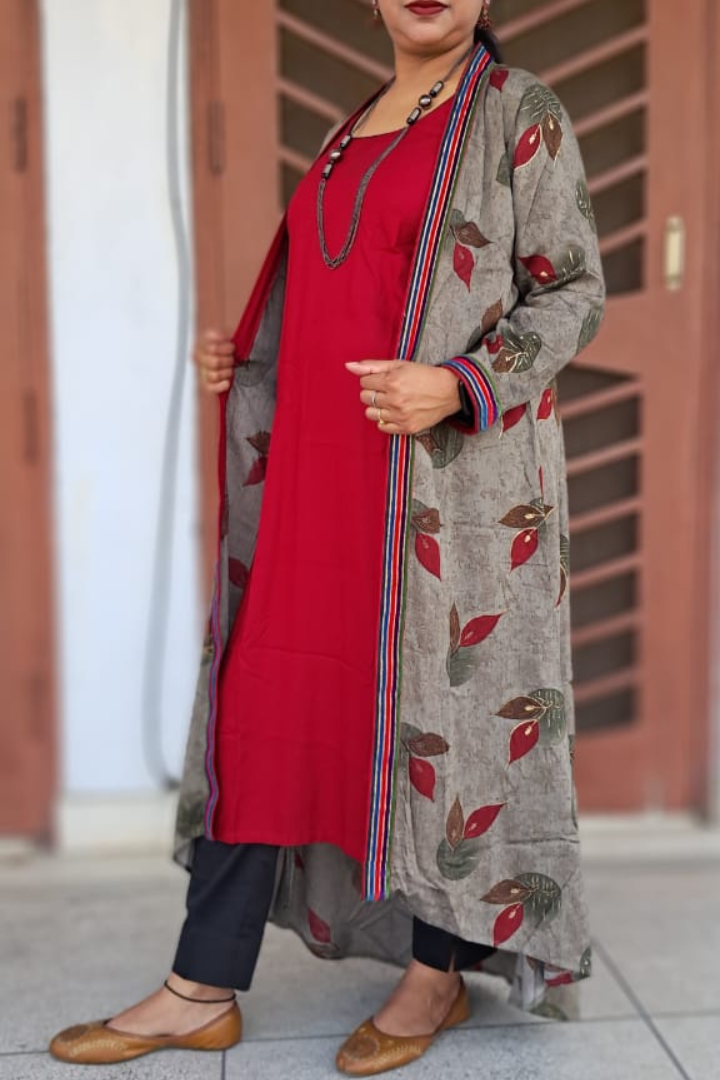 Mehroon cotton-Kurta and dark olive shrug Combo