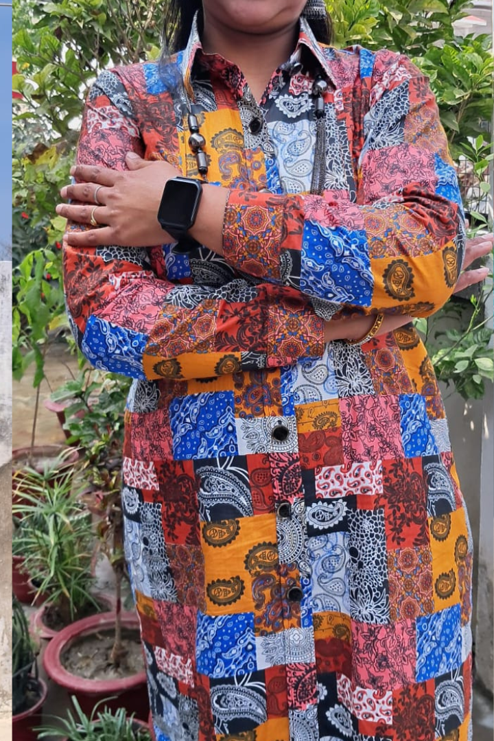 Multi colour printed cotton shirt collar kurta