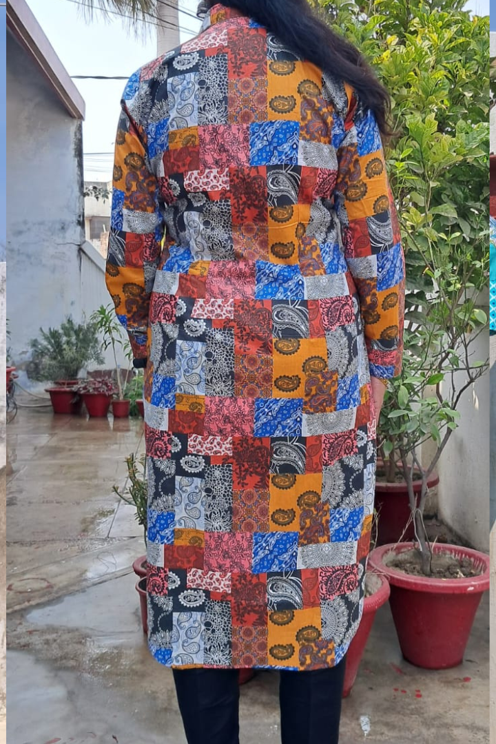 Multi colour printed cotton shirt collar kurta