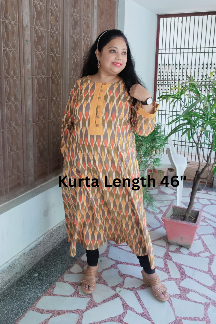 Mustard Yellow multi Ikkat weaved Kalidar kurta