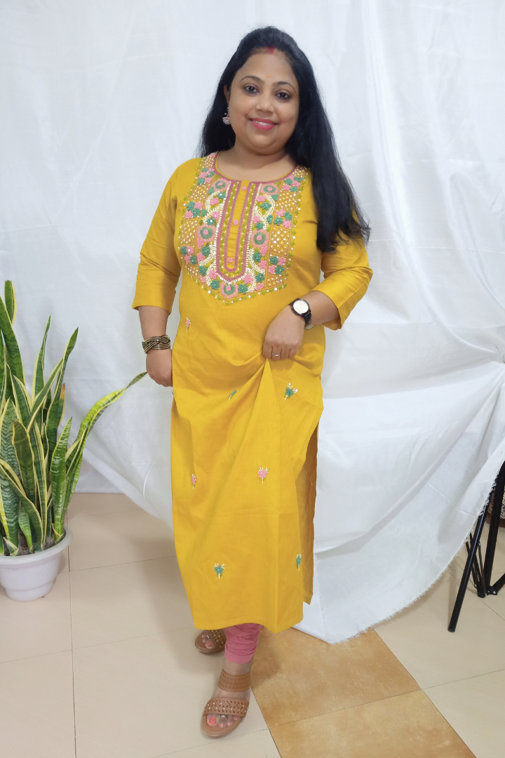 Mustard yellow Organic Cotton embroidered kurta