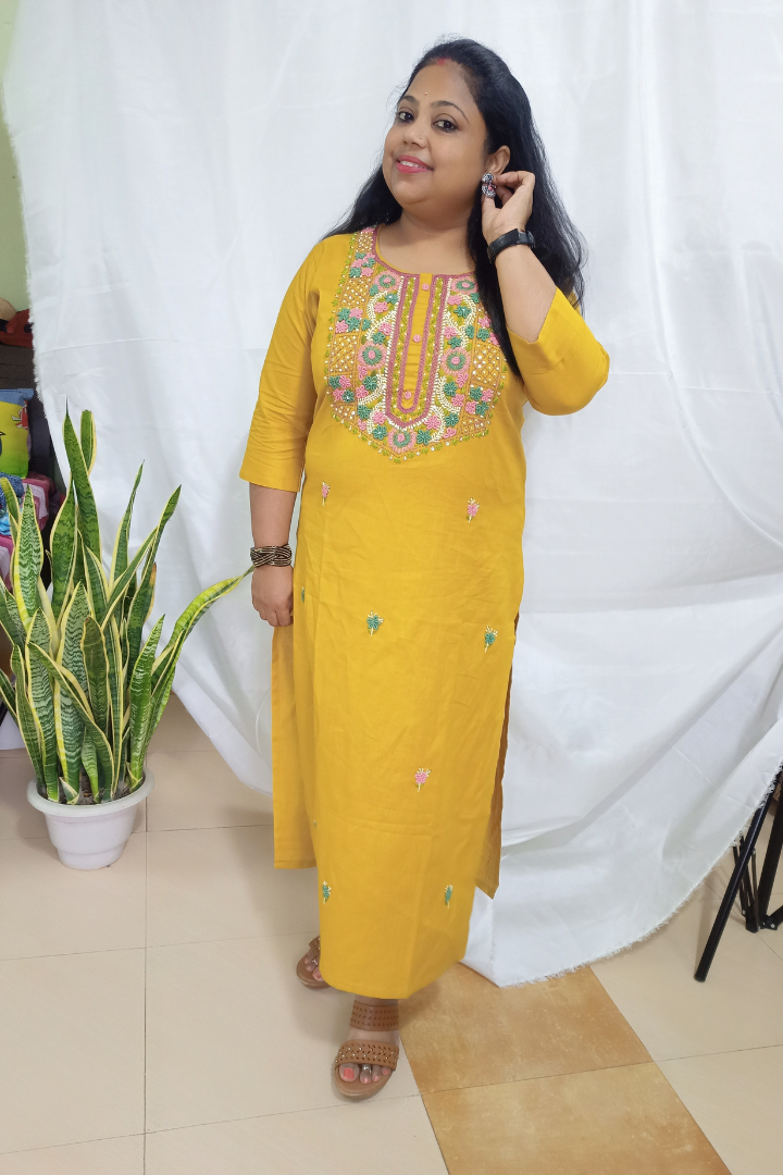 Mustard yellow Organic Cotton embroidered kurta