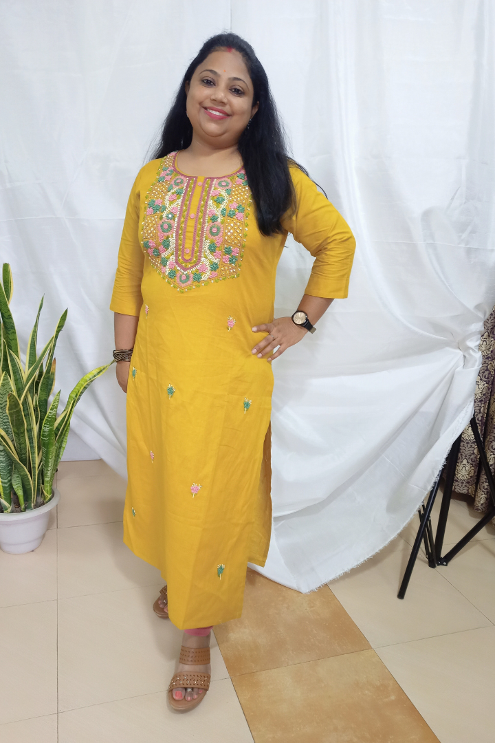 Mustard yellow Organic Cotton embroidered kurta