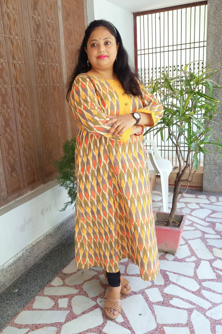 Mustard Yellow multi Ikkat weaved Kalidar kurta