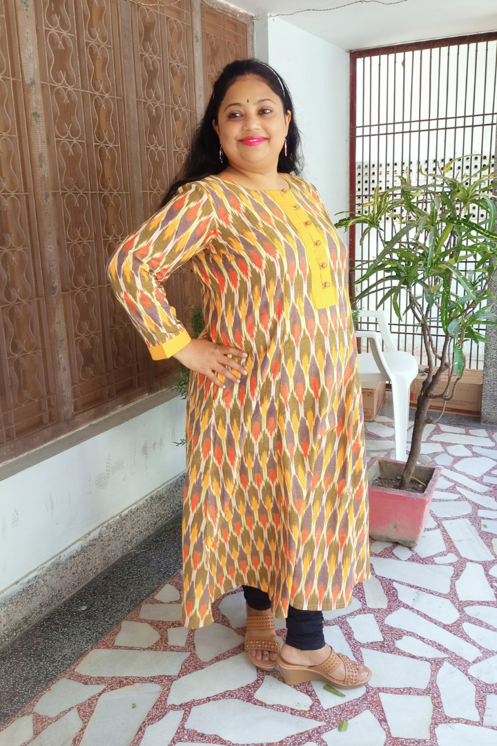 Mustard Yellow multi Ikkat weaved Kalidar kurta