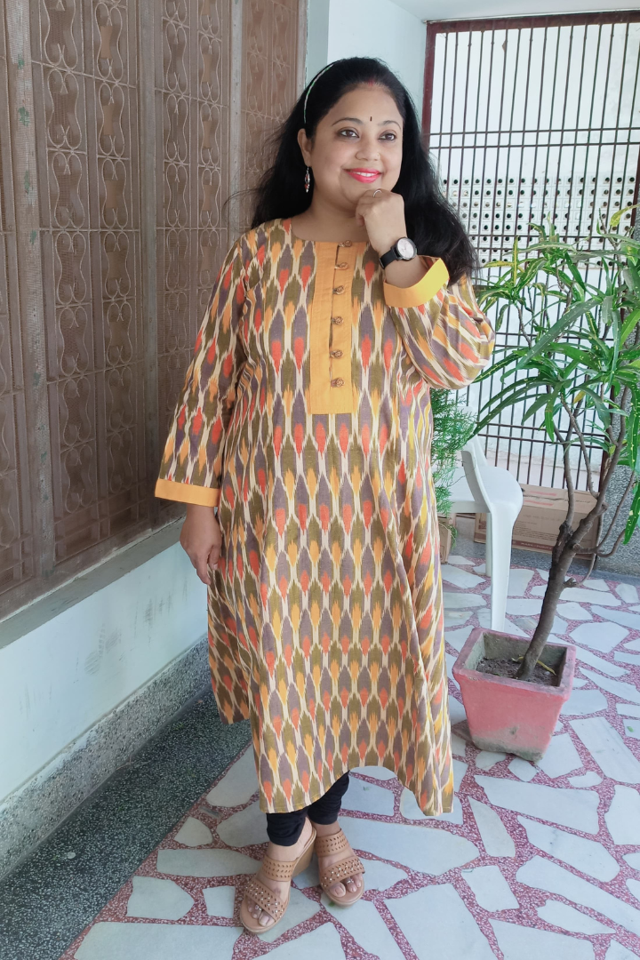 Mustard Yellow multi Ikkat weaved Kalidar kurta