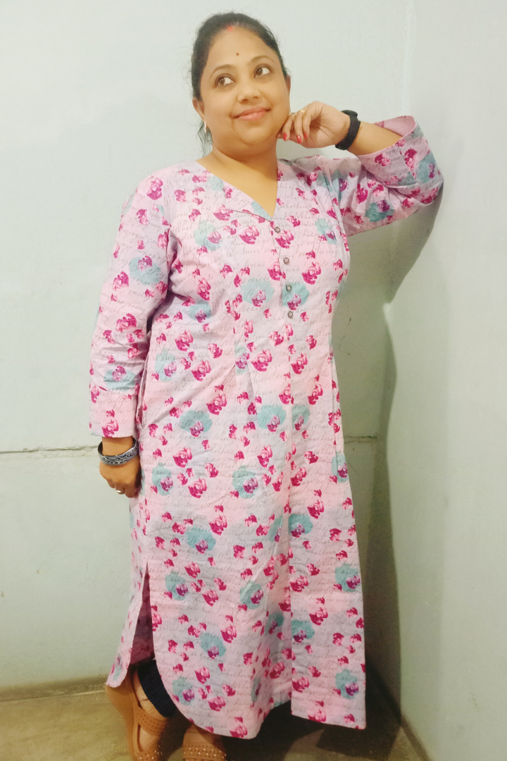 Nude Pink Pure Cotton written print Collared Kurta