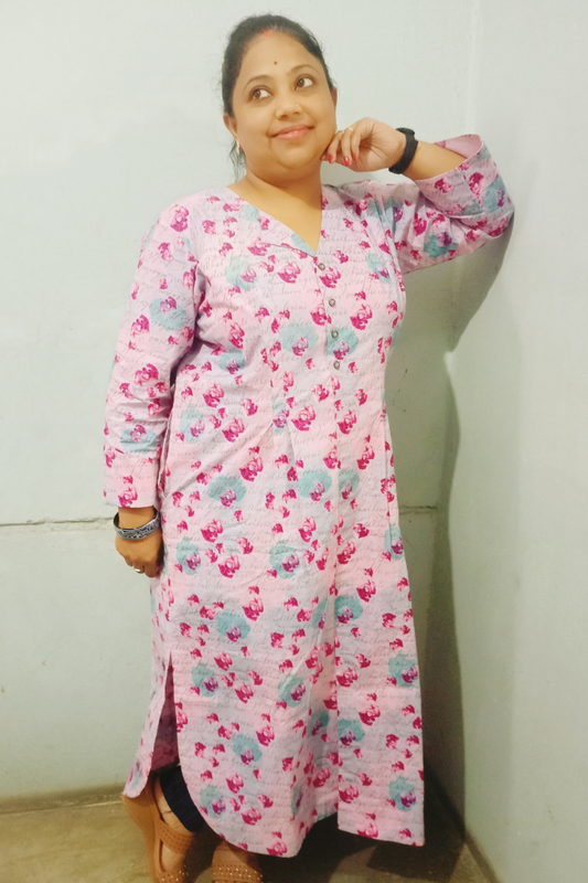 Nude Pink Pure Cotton written print Collared Kurta