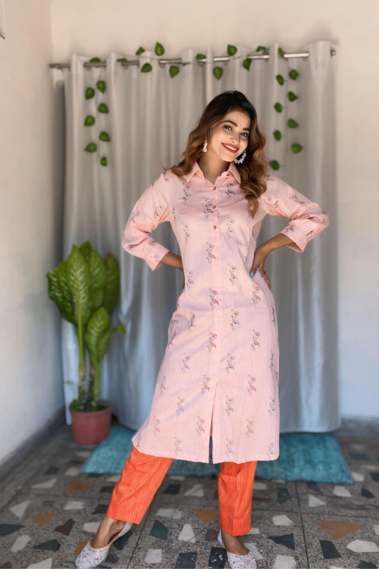 Peach _Orange Cotton shirt collar Kurta Pant set