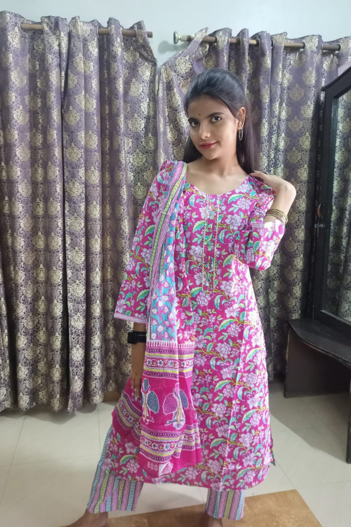 Pink cotton suit set -mul cotton dupatta