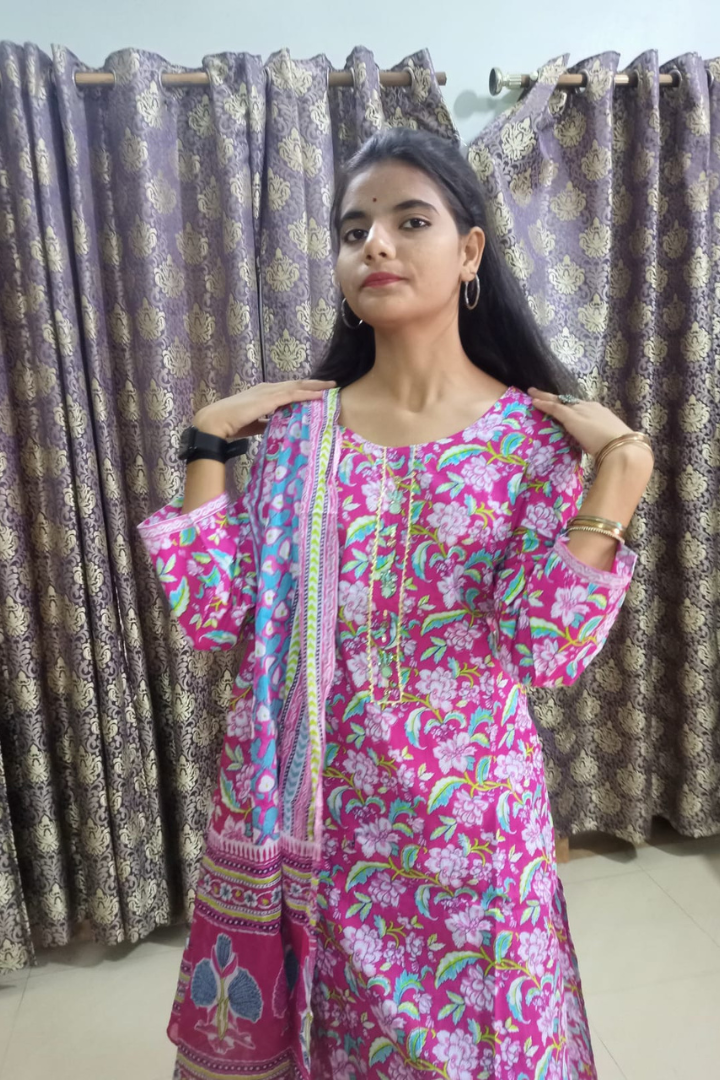 Pink cotton suit set -mul cotton dupatta