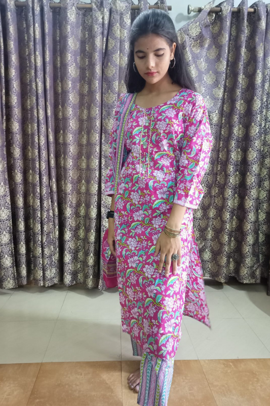Pink cotton suit set -mul cotton dupatta
