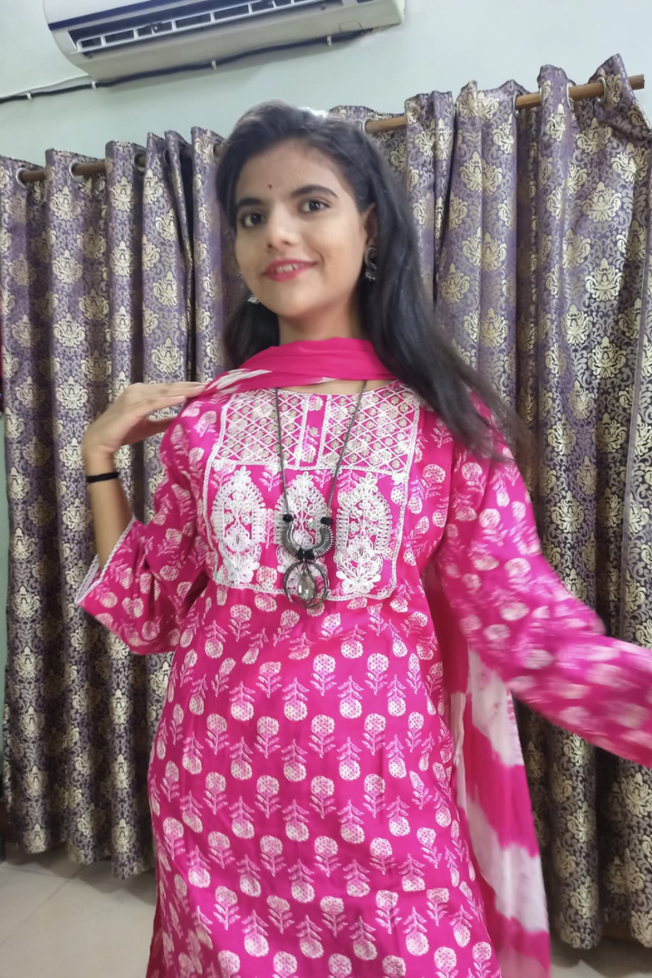 Pink yoke embroidery cotton suit set