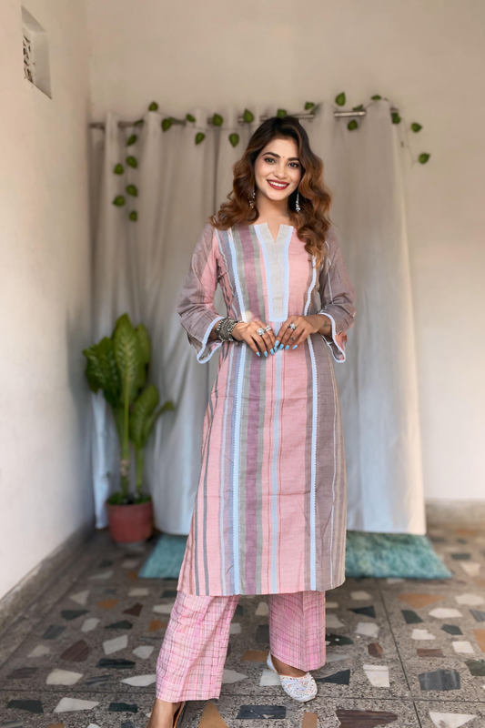 Pinkish-Grey branded cotton striped look Kurta-Pant set