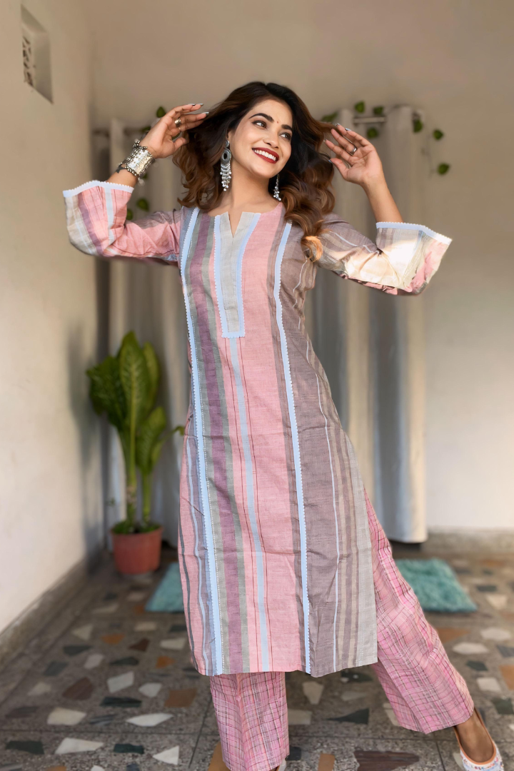 Pinkish-Grey branded cotton striped look Kurta-Pant set