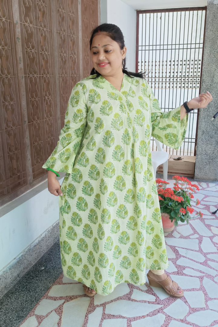 Light Pista Green Hand Block Print kurta