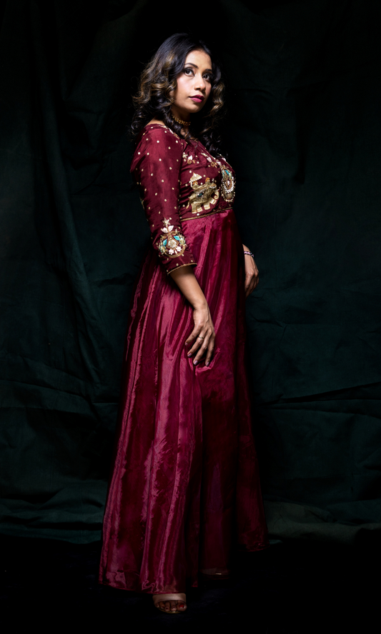 Coffee-Mehroon Organza silk Evening Gown-Hand Pitta work choli