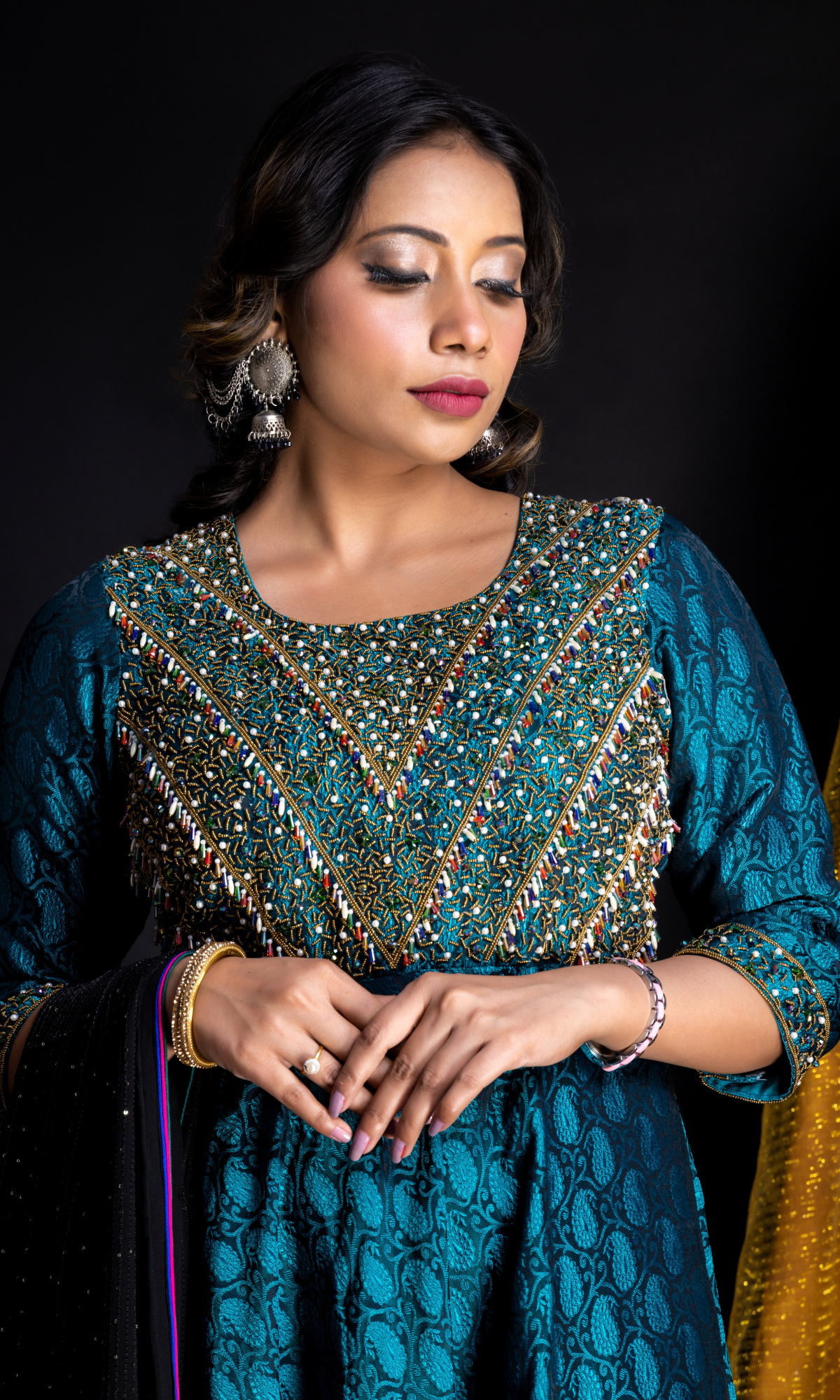 peacock green anarkali dress Shaam Suhani- Peacock Green Cutdana Embroidered Georgette Anarkali Set