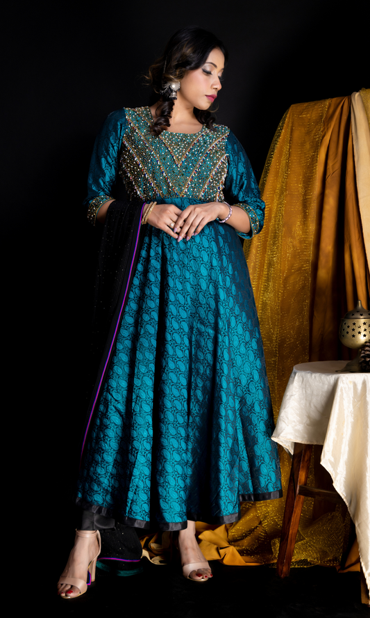 Peacock Green Hand Embroidered Anarkali suit