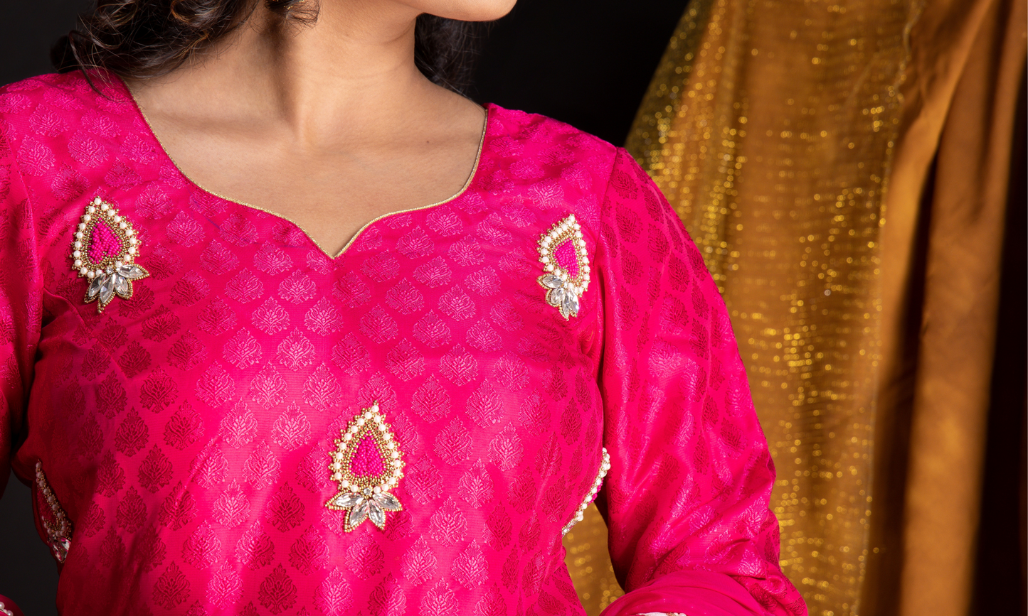 Hot Pink Tanchui silk Kurta pant set-Hand embroidered motifs