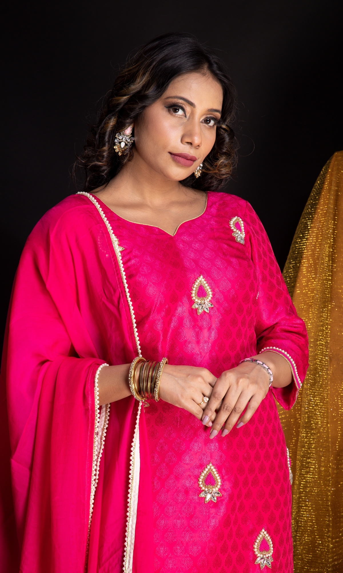 Hot Pink Tanchui silk Kurta pant set-Hand embroidered motifs