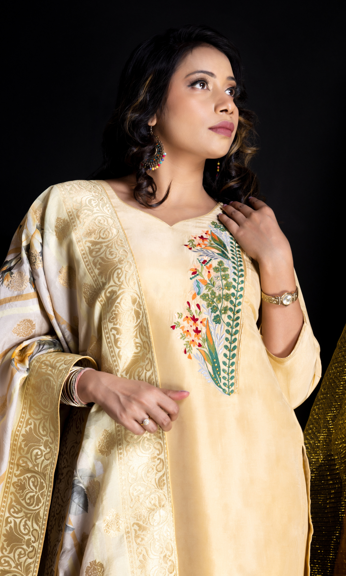 Fawn colour Opada silk suit set-Embroidered motif_Banarsi weaved opada silk printed Dupatta