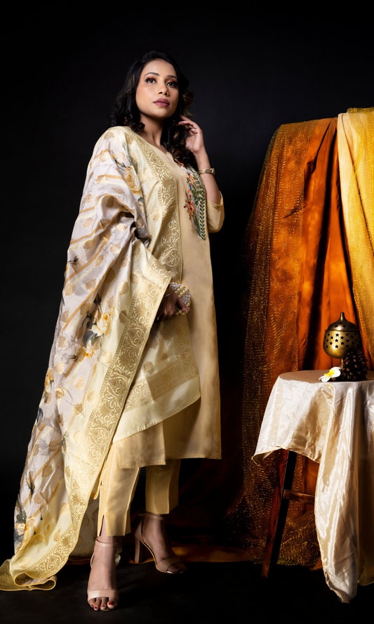 Fawn colour Opada silk suit set-Embroidered motif_Banarsi weaved opada silk printed Dupatta
