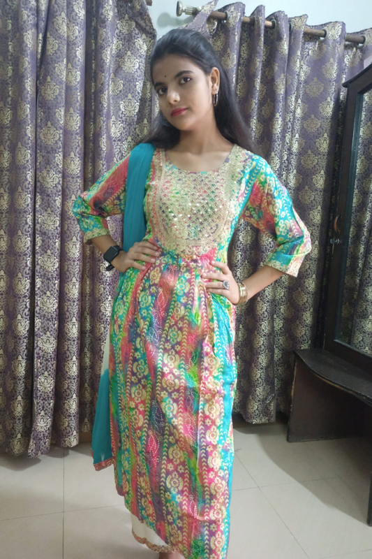 Multi colour rayon yoke zari embroidery-chiffon dupatta