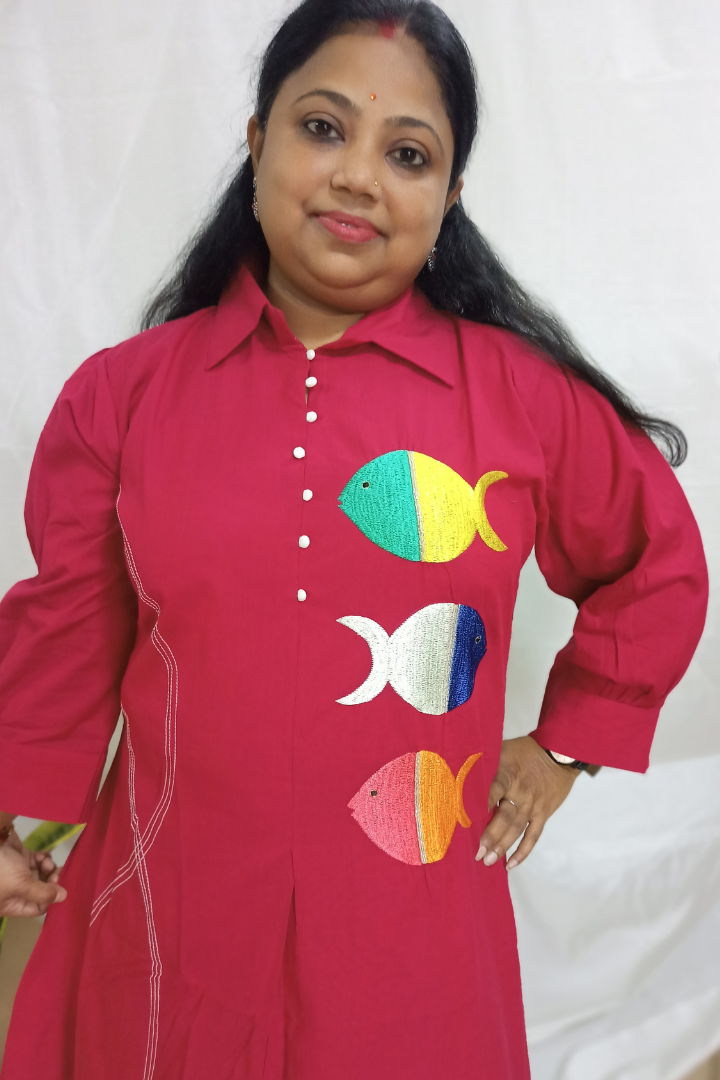 Mehroon Organic cotton Aline embroidered kurta