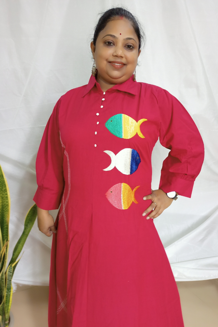 Mehroon Organic cotton Aline embroidered kurta