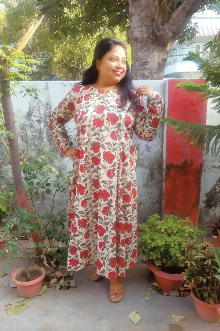 Handblock Fawn Base-Red flower print
