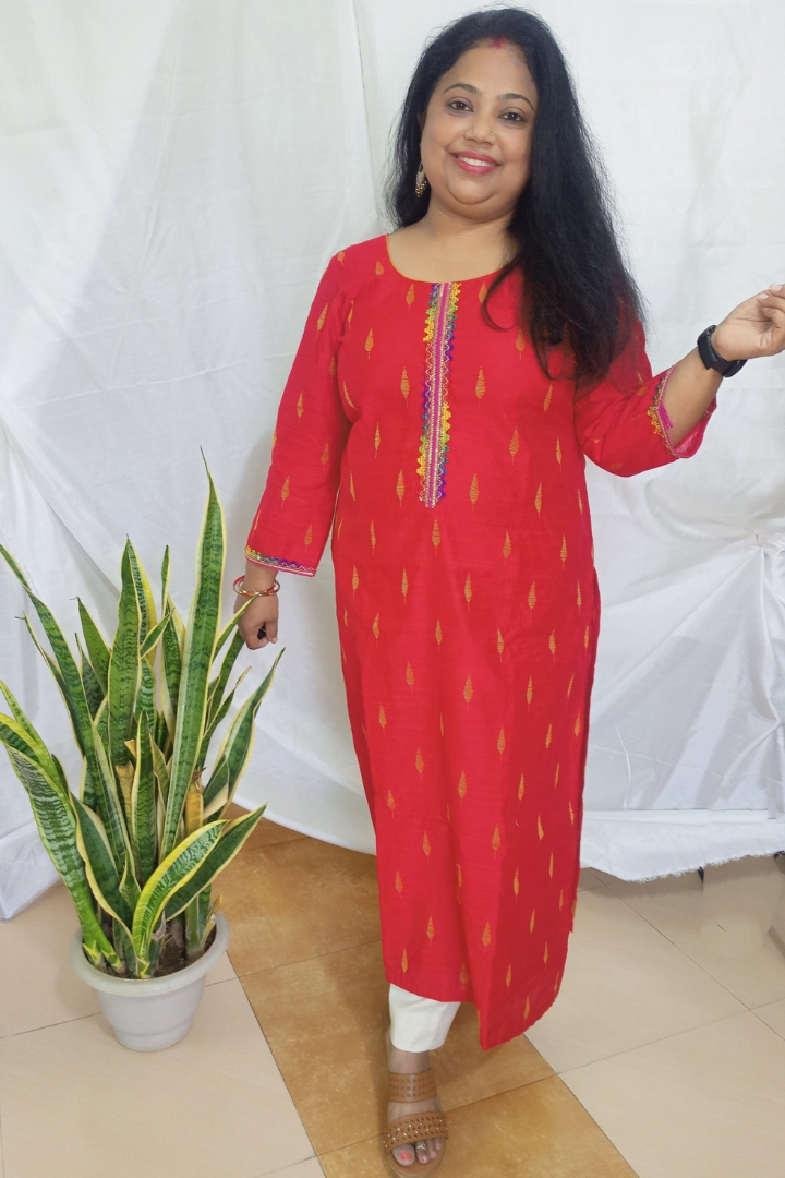 Red self weaved Handloom Kurta