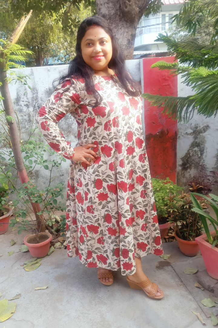 Handblock Fawn Base-Red flower print