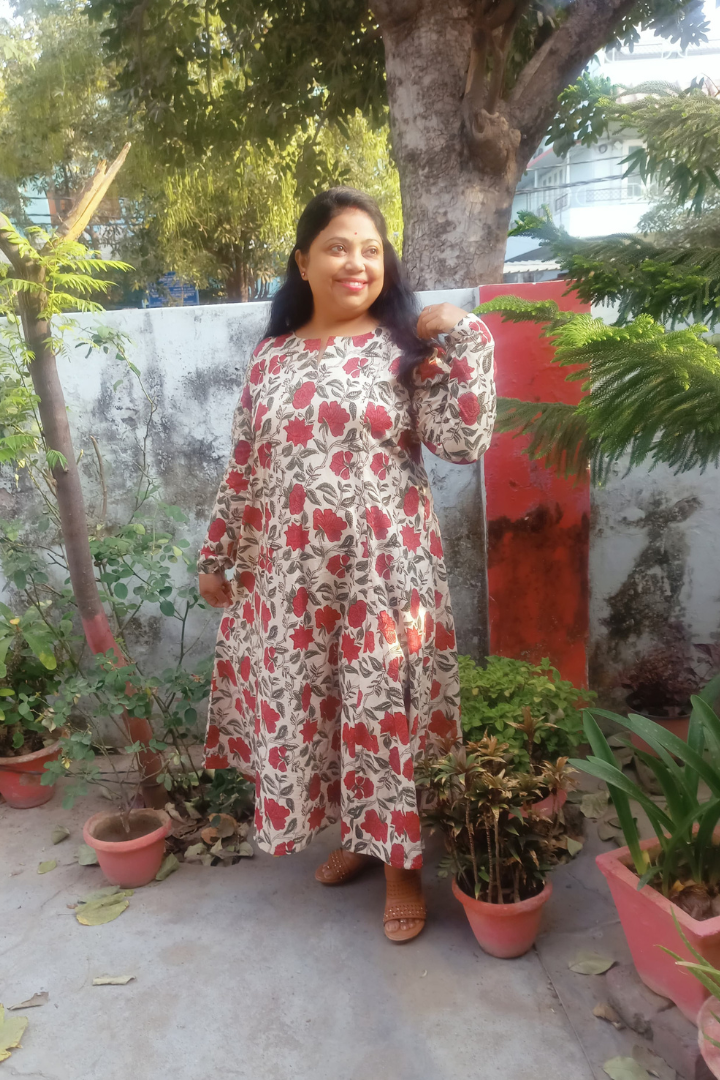 Handblock Fawn Base-Red flower print