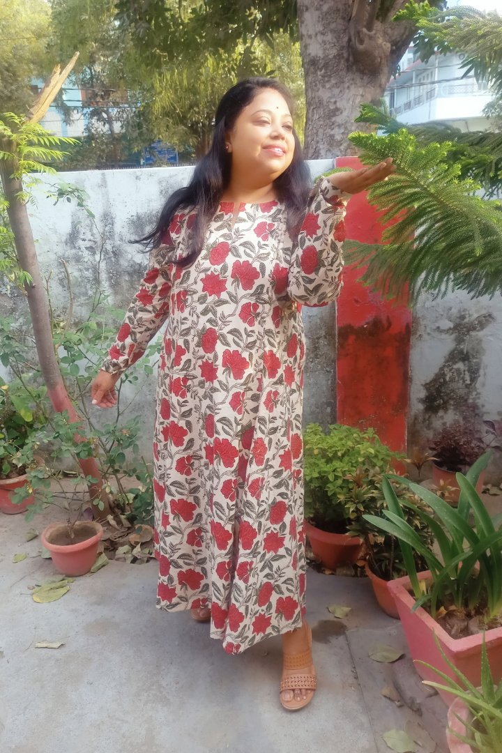Handblock Fawn Base-Red flower print