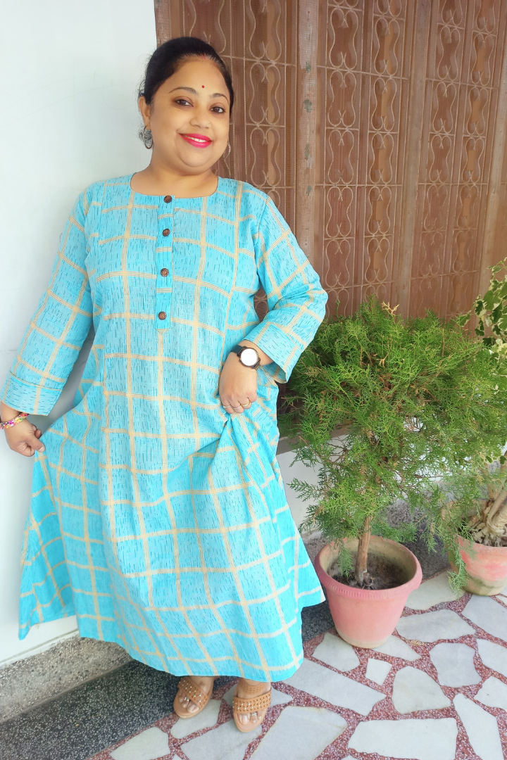 Sky blue Check prints- Slub Cotton kurta