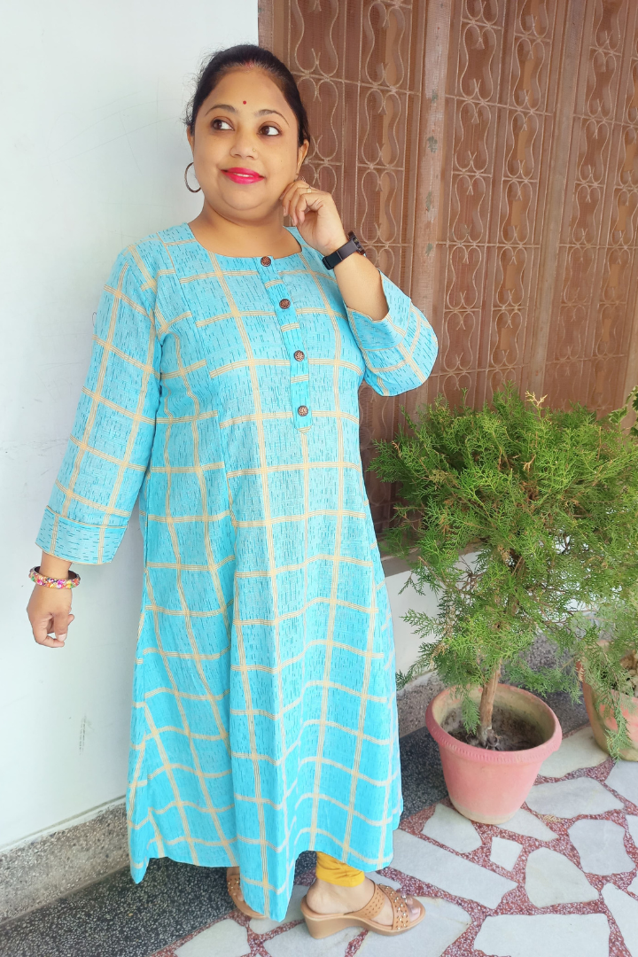 Sky blue Check prints- Slub Cotton kurta