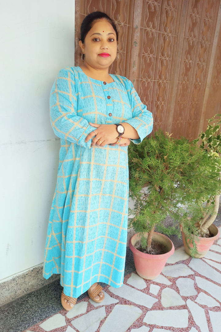 Sky blue Check prints- Slub Cotton kurta