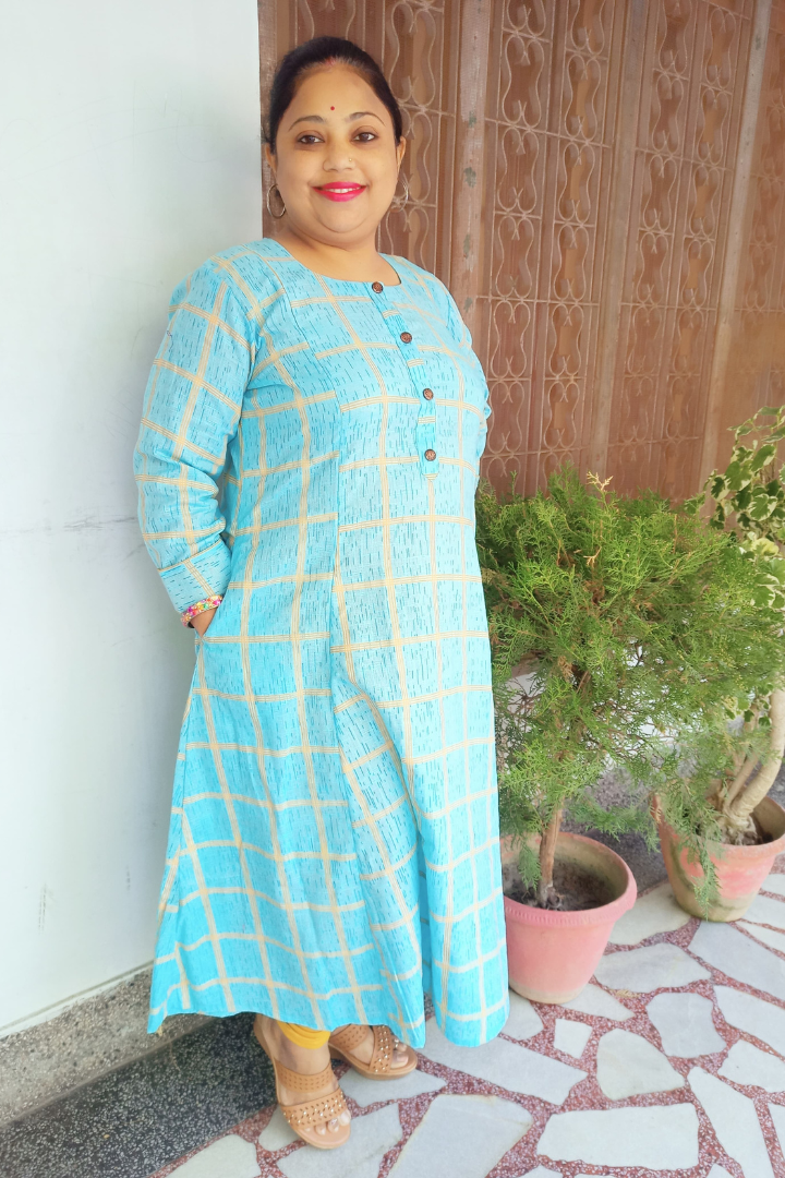 Sky blue Check prints- Slub Cotton kurta