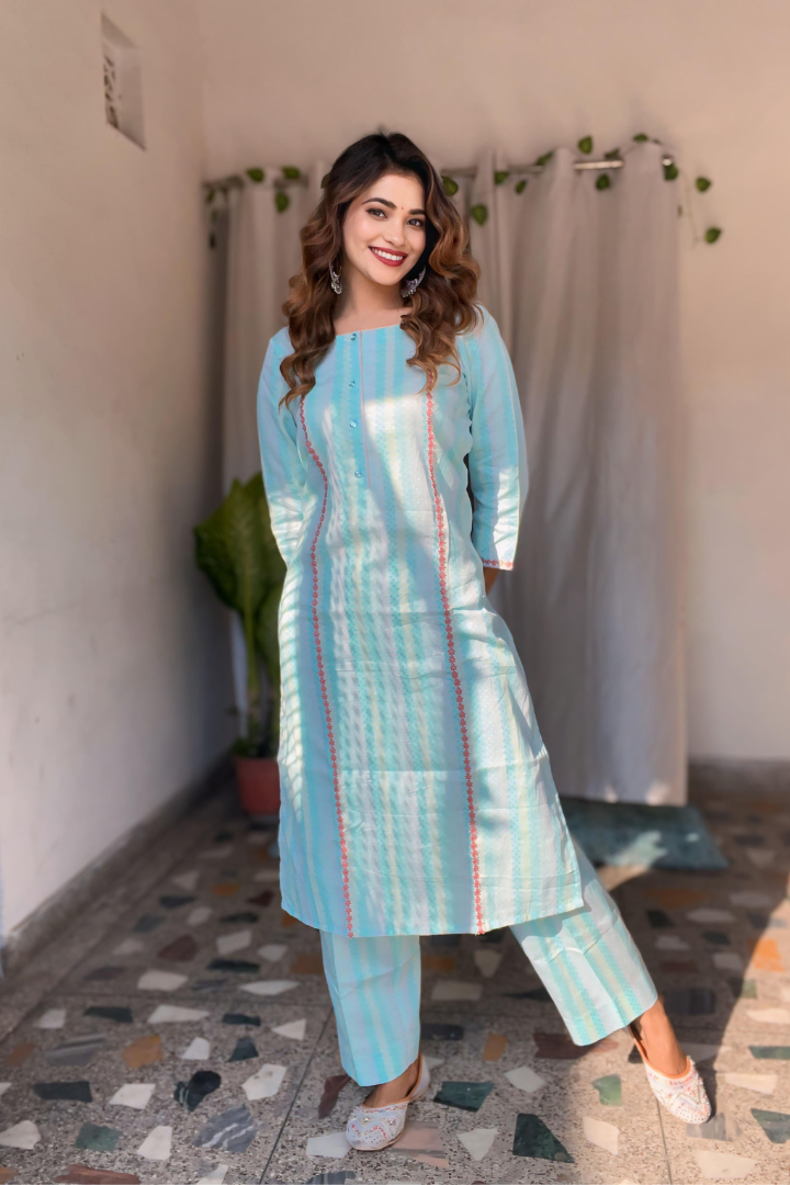 sky blue Kurta pant set-lace embellishment