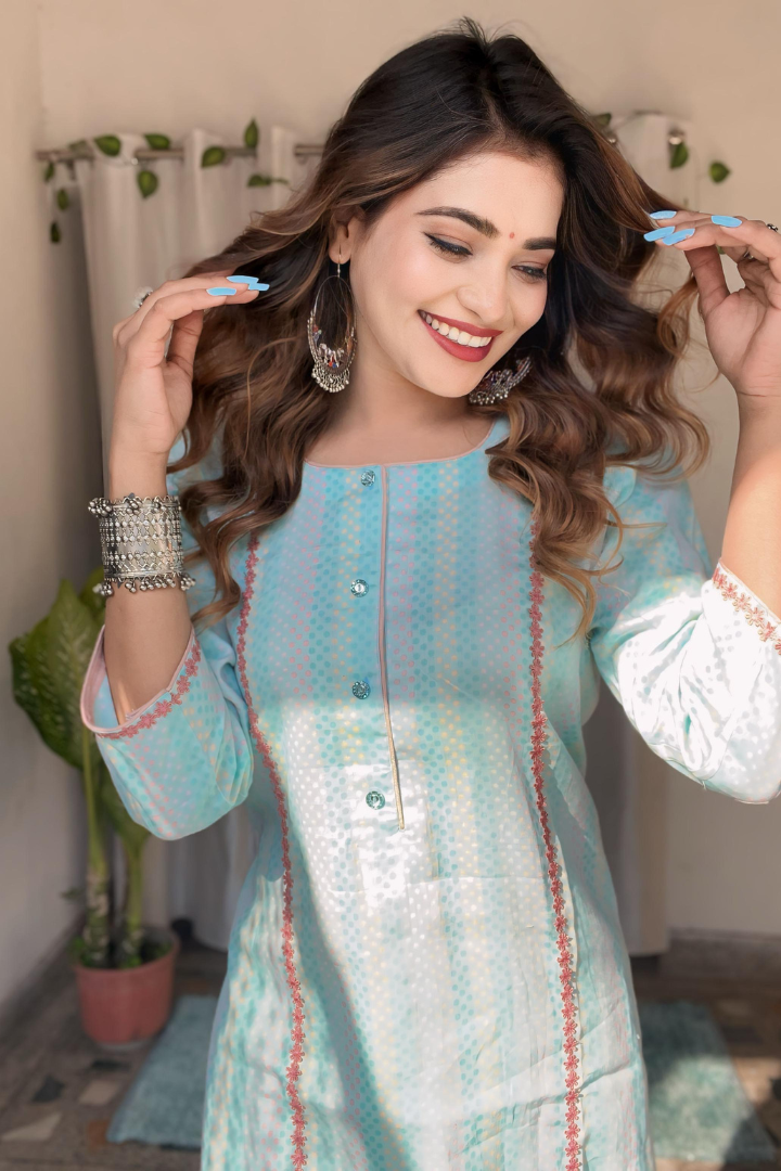 sky blue Kurta pant set-lace embellishment