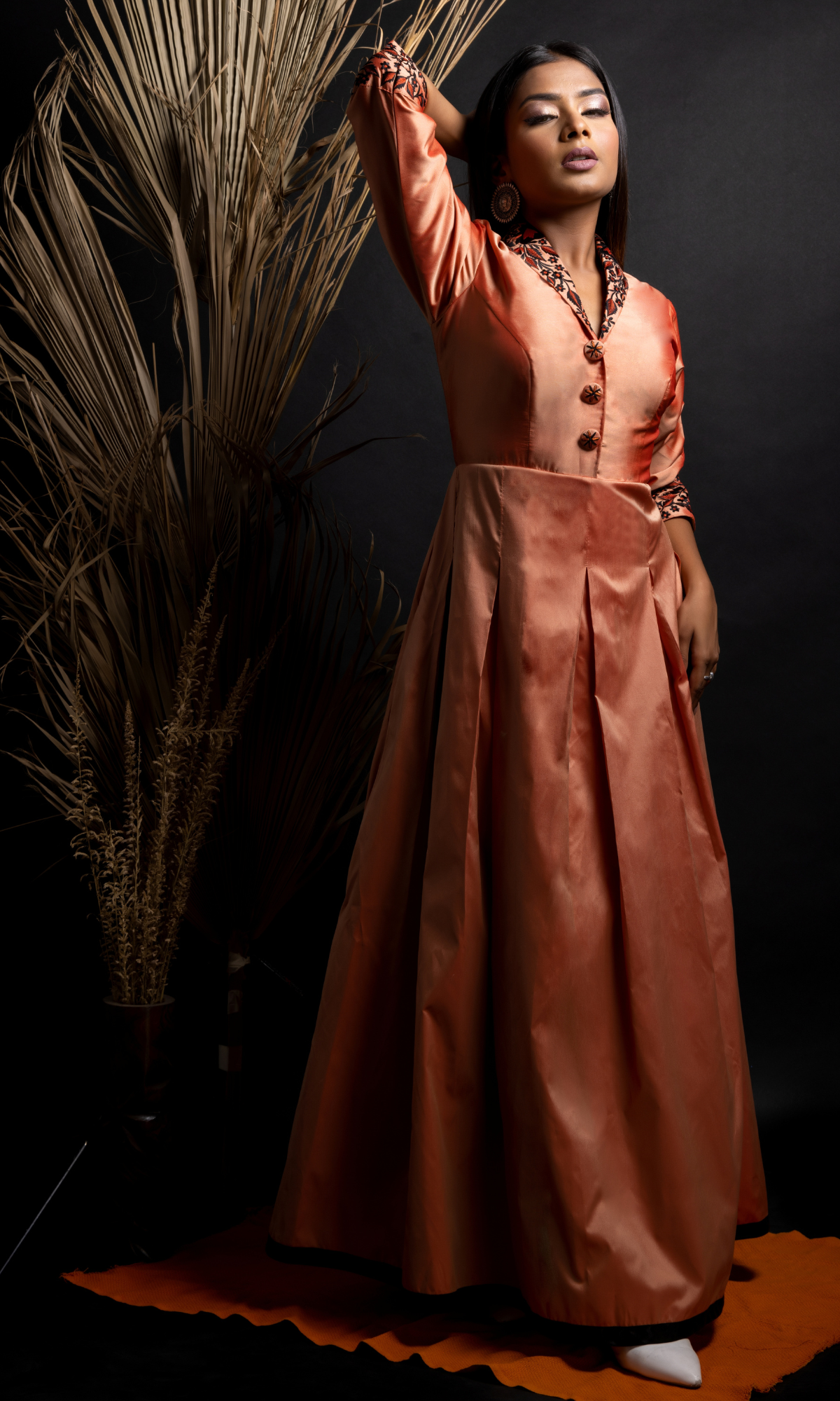 Rust Brown Tafeta silk Evening gown